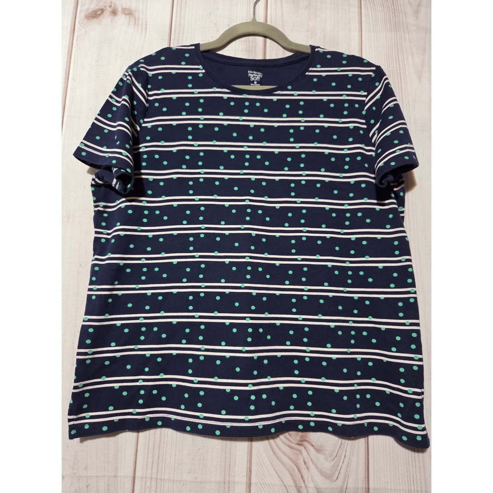 Kim Rogers Perfectly Soft Navy Blue Stripe Green Polka Dot Cotton TShirt Medium